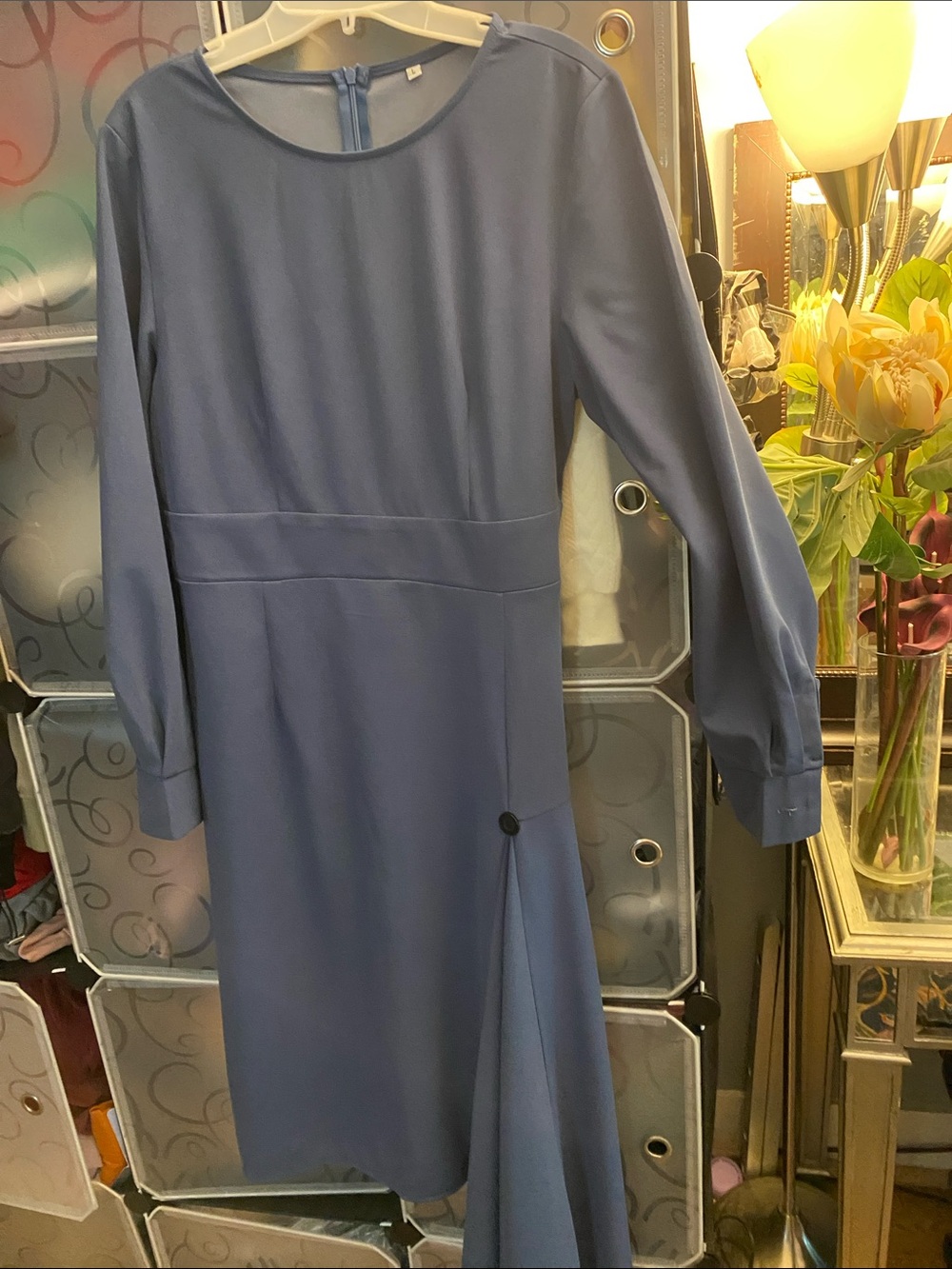 NWOT, Navy Blue Long Dress with Pleated Asymmetric Hanging Details.